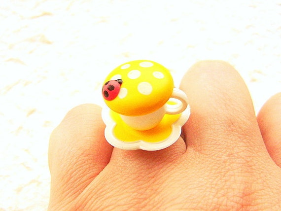 Kawaii Cute Japanese Ring  Yellow White Teacup by SouZouCreations