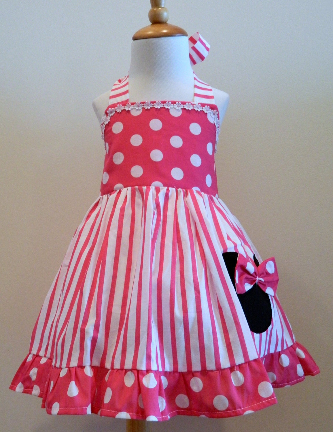 Handmade Minnie Mouse Hot Pink stripes Dressy Polka Dot Halter Dress ...