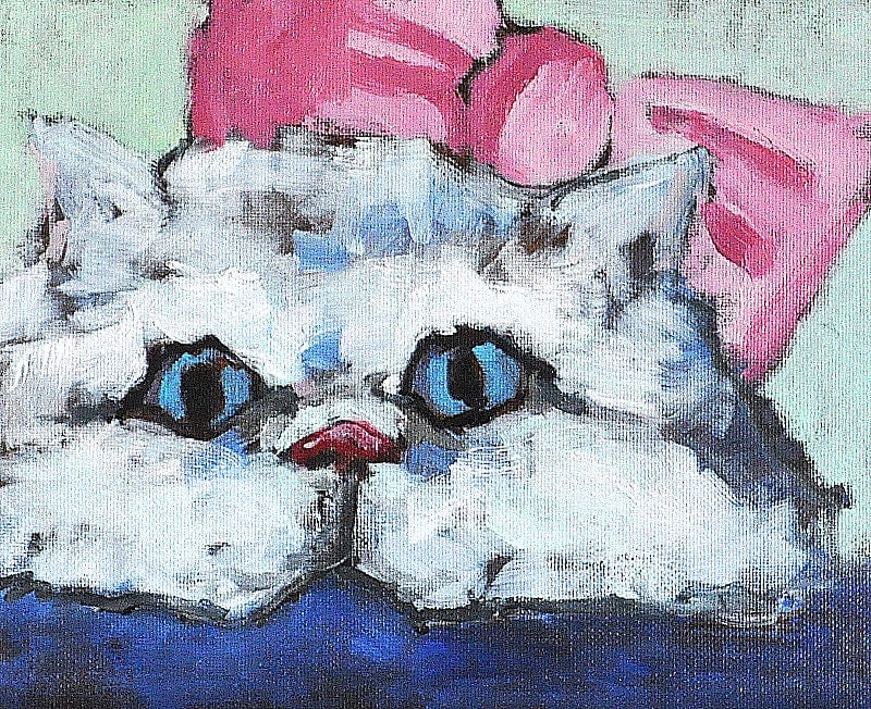 White Persian Cat Painting Pink Bow Art